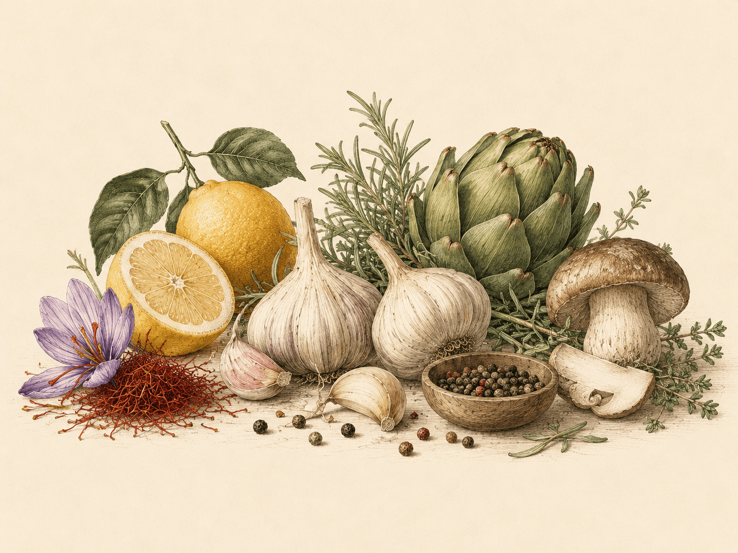 Kitchen still life — herbs, citrus and cookware arranged as a botanical plate